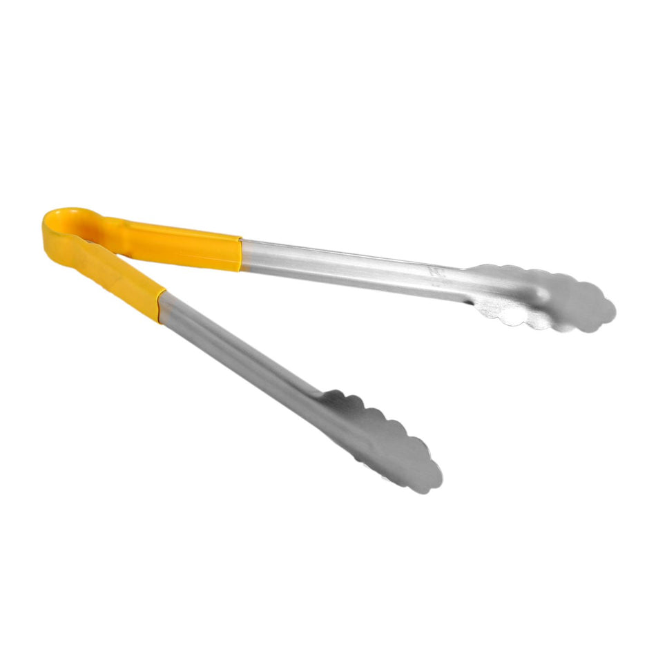 12" x 7-3/4" x 1-1/2", Tong, Yellow Color, Stainless Steel Body with Non-Slip PolyVinyl chloride Coated handles, Sanitary and Safe for Food Service, Color Coded