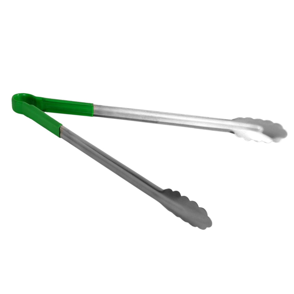 16" x 6-1/2" x 1-1/2", Tong, Green Color, Stainless Steel Body with Non-Slip PolyVinyl chloride Coated handles, Sanitary and Safe for Food Service, Color Coded