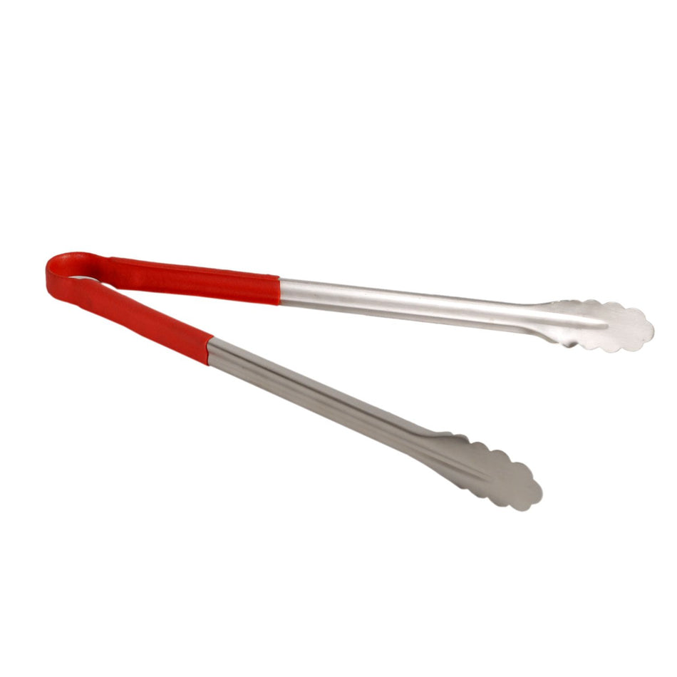 16" x 6-1/2" x 1-1/2", Tong, Red Color, Stainless Steel Body with Non-Slip PolyVinyl chloride Coated handles, Sanitary and Safe for Food Service, Color Coded