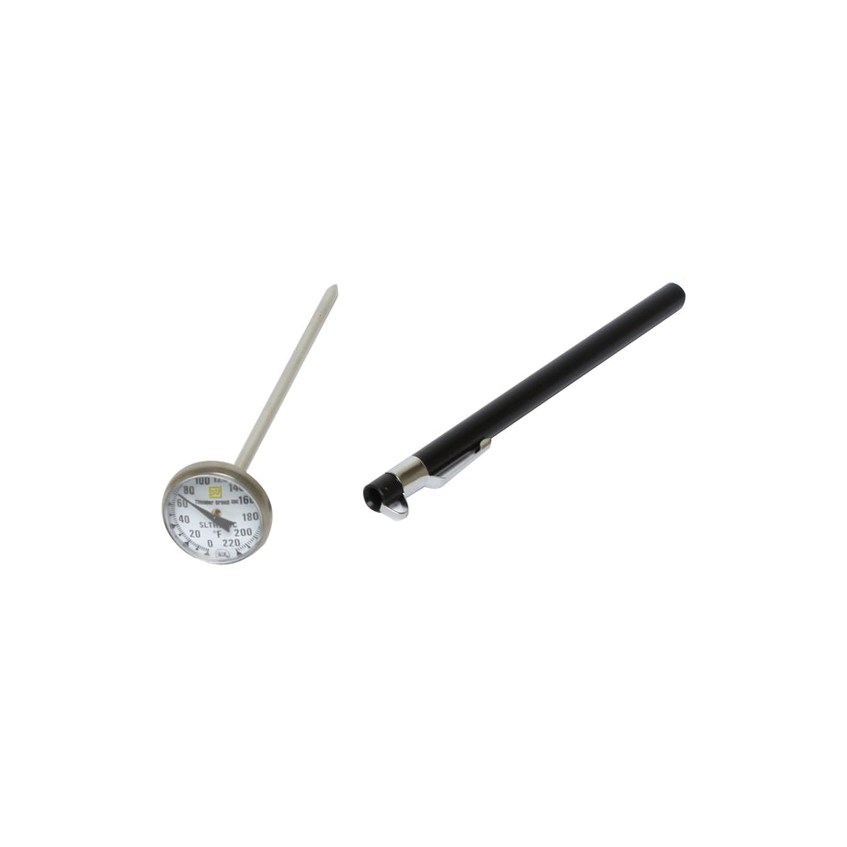 From 0°F to 220°F Pocket Thermometer (Card Packaging), Compact Stainless Steel Case with Pocket Clip, Polycarbonate Lens, Aluminum Pointer and Brass Gears, NSF