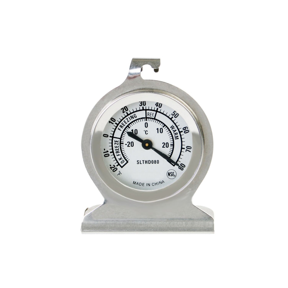 From -20°F to 80°F Refrigerator/Freezer Thermometer, Stainless Steel body hangs/stands on base, Glass Lens, Aluminum Pointer with Brass Gears and Heat-Resistant Handle, NSF