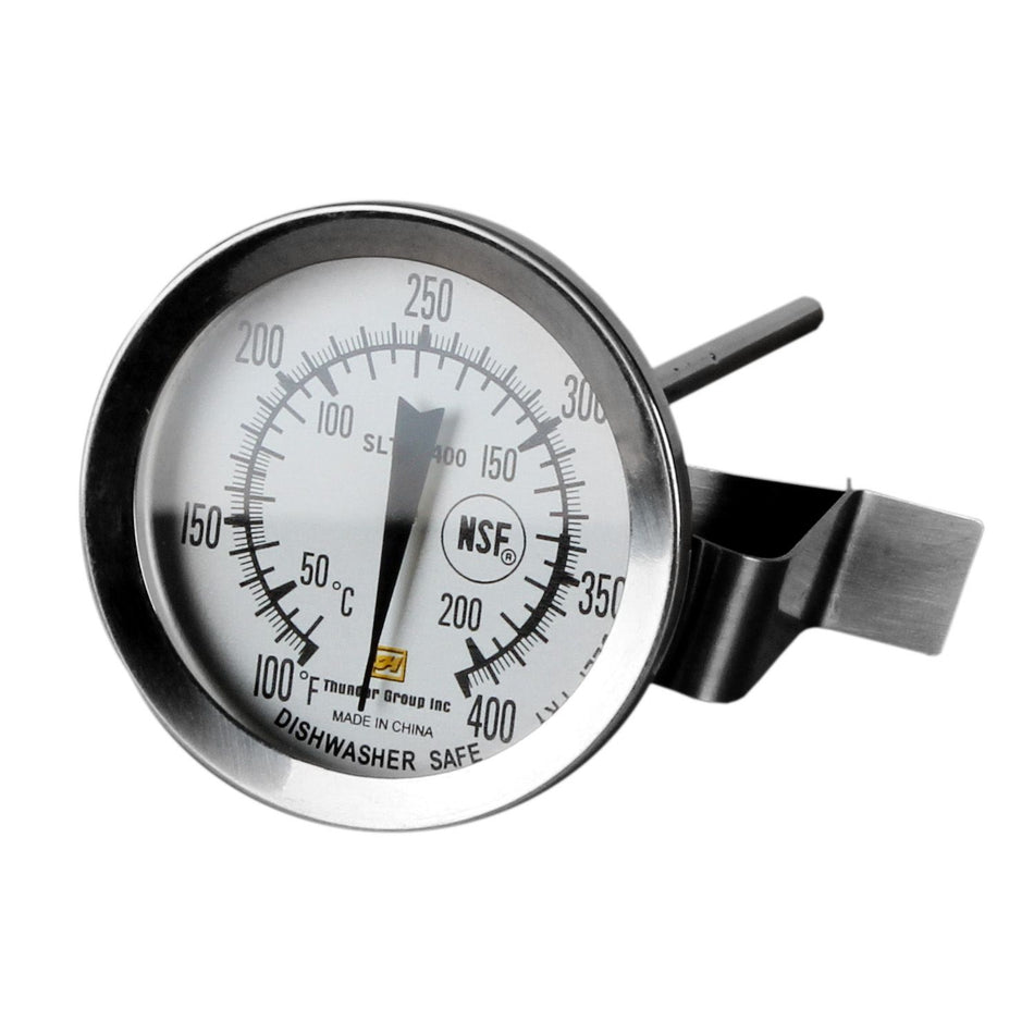 From 100°F to 400°F Dial Deep Fry/Candy Thermometer (Card Packaging), Stainless Steel Case, Glass Lens with Aluminum Pointer and Brass Gears, Dishwasher Safe, NSF
