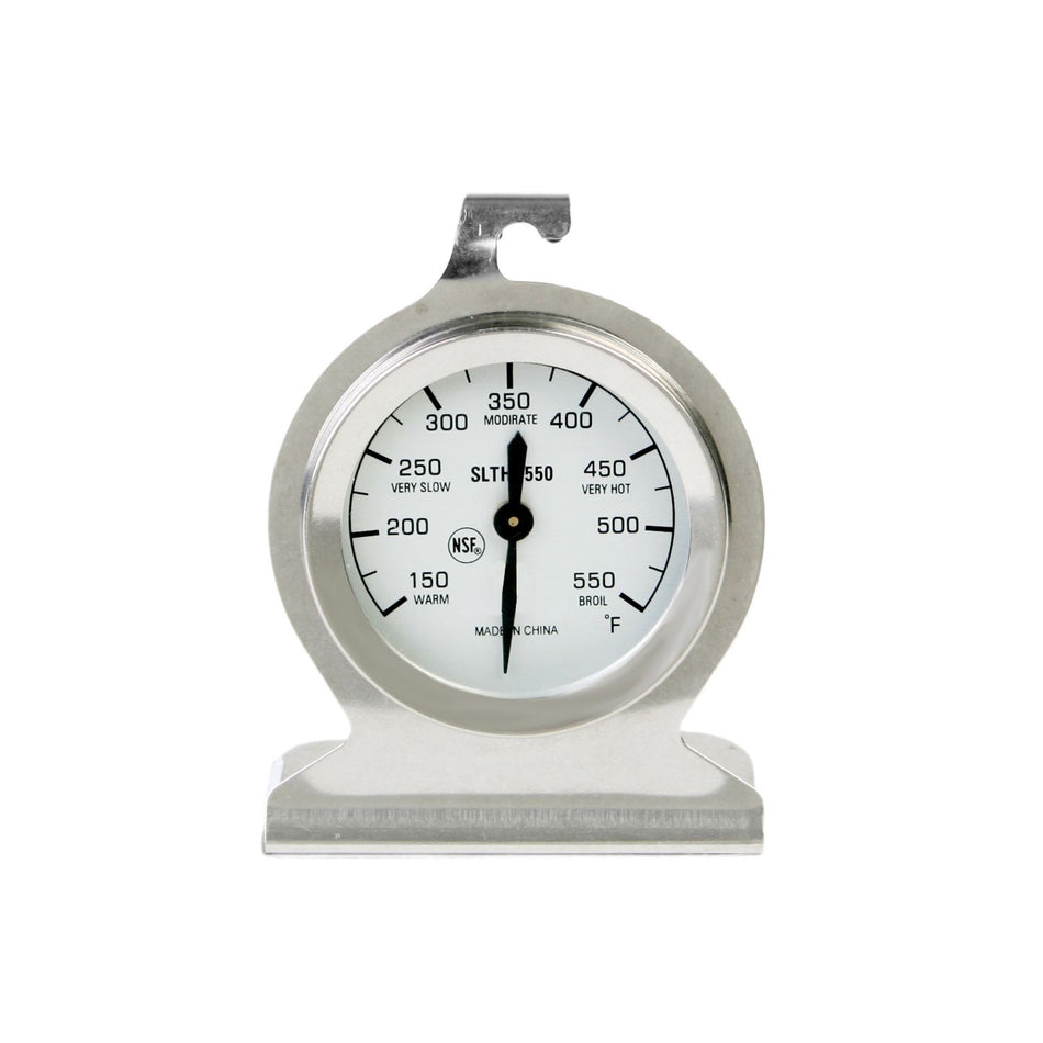 From 150°F to 550°F Dial Oven Thermometer (Card Packaging), Stainless Steel body hangs/stands on base, Glass Lens, Aluminum Pointer with Brass Gears and Heat-Resistant Handle, NSF