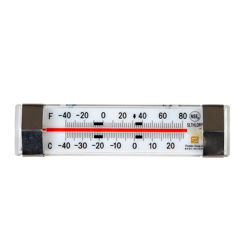 From -40°F to 80°F Horizontal Liquid Scale Thermometer, Stainless Steel Case, Glass Lens, Polyvinyl Chloride Screen Display, NSF