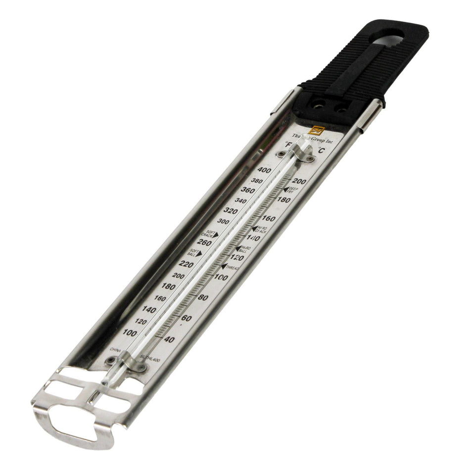 From 100°F to 400°F Liquid Deep Candy Thermometer, Stainless Steel Body, Glass Lens, Kerosene Spirit Filled Glass with Heat-Resistant Handle,