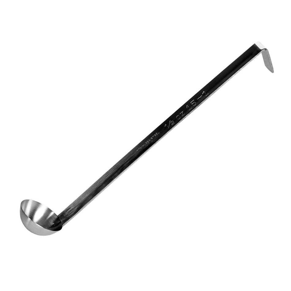 1/2 oz, 1-5/8" Diameter x 3/4" Height Ladle Bowl size, 9-1/2" Length x 1/2" Width Handle and 1-5/8" Length x 1/2" width bended tip can be easily nested on Pot rim or hung on rack, Stainless Steel Two-Piece Ladle