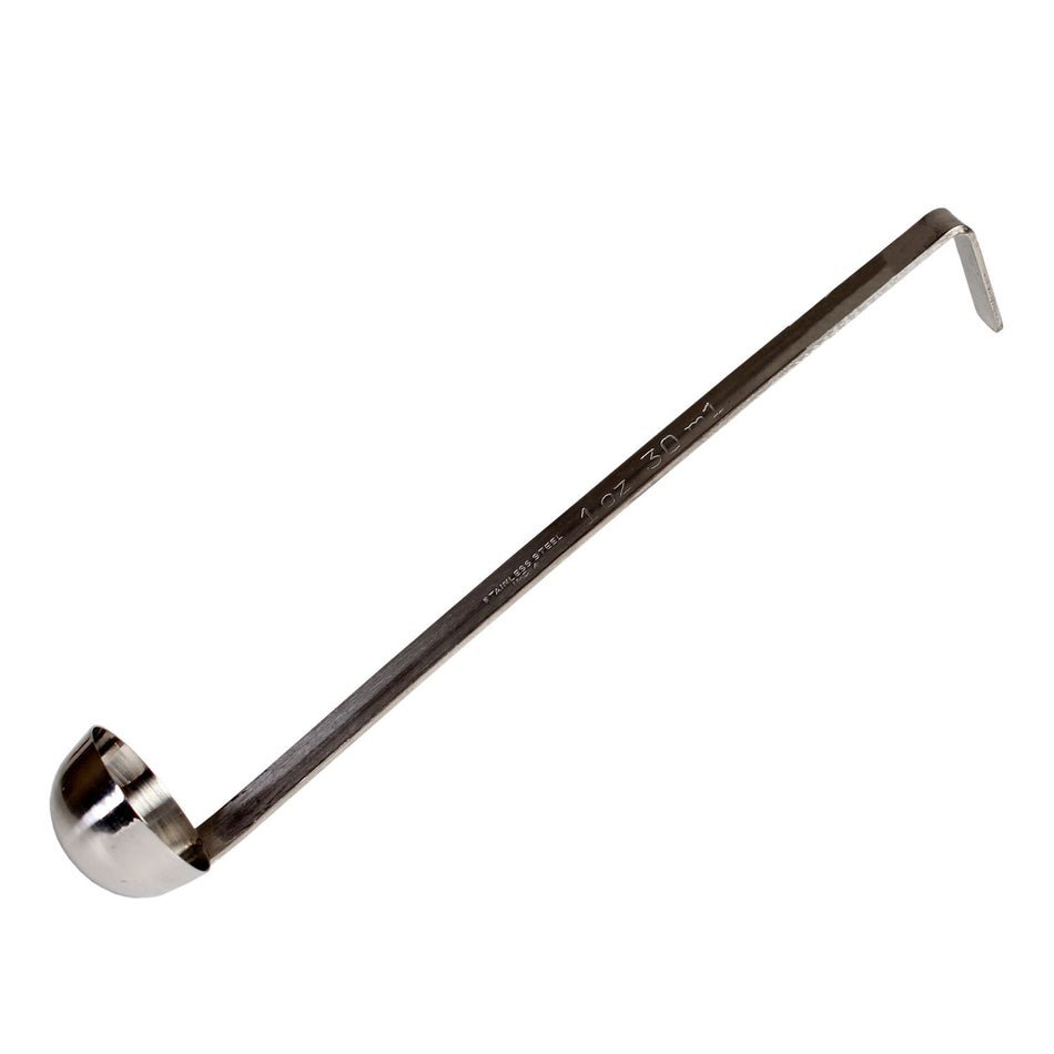 1 oz, 1-7/8" Diameter x 1" Height Ladle Bowl size, 10" Length x 1/2" Width Handle and 1-5/8" Length x 1/2" width bended tip can be easily nested on Pot rim or hung on rack, Stainless Steel Two-Piece Ladle