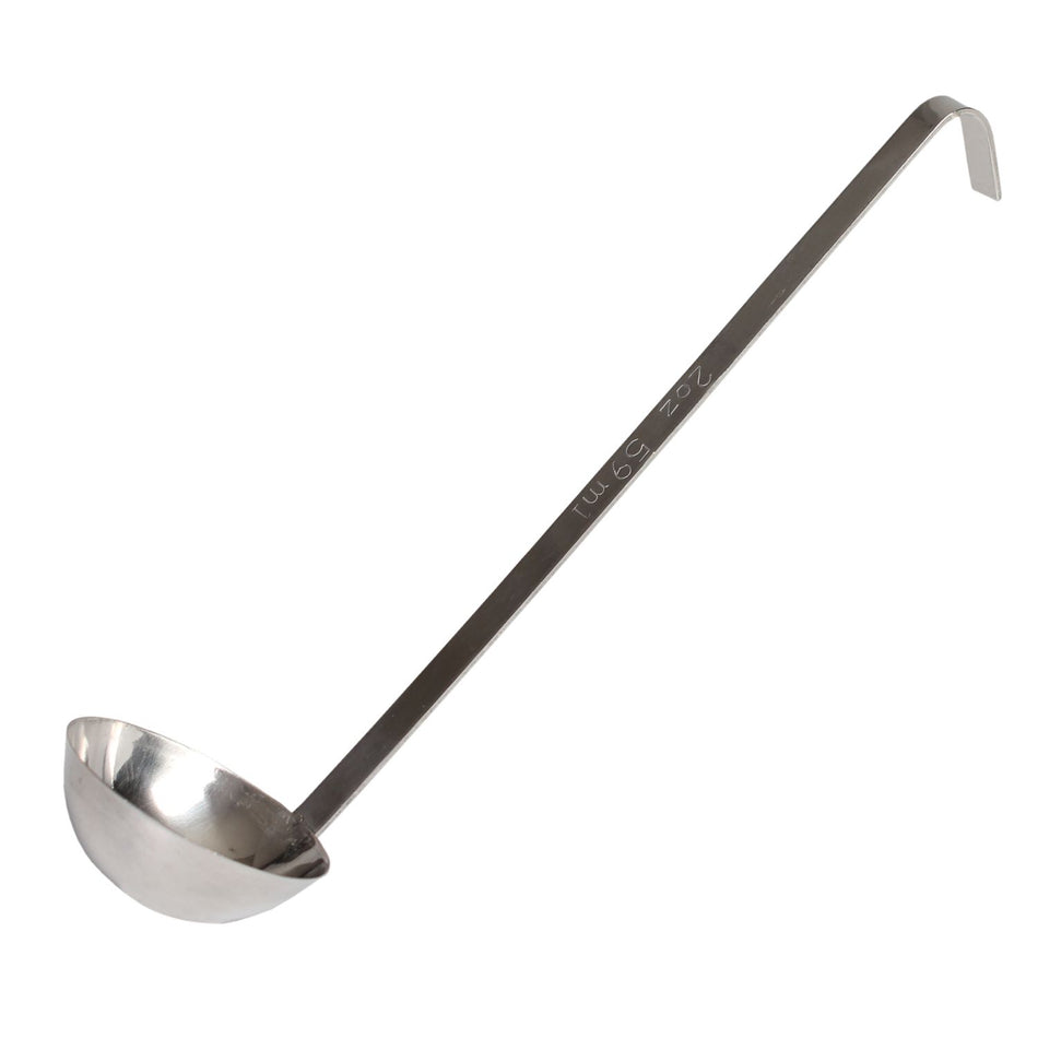 2 oz, 2-1/2" Diameter x 1-1/4" Height Ladle Bowl size, 10-1/8" Length x 1/2" Width Handle and 1-5/8" Length x 1/2" Width bended tip can be easily nested on Pot rim or hung on rack, Stainless Steel Two-Piece Ladle
