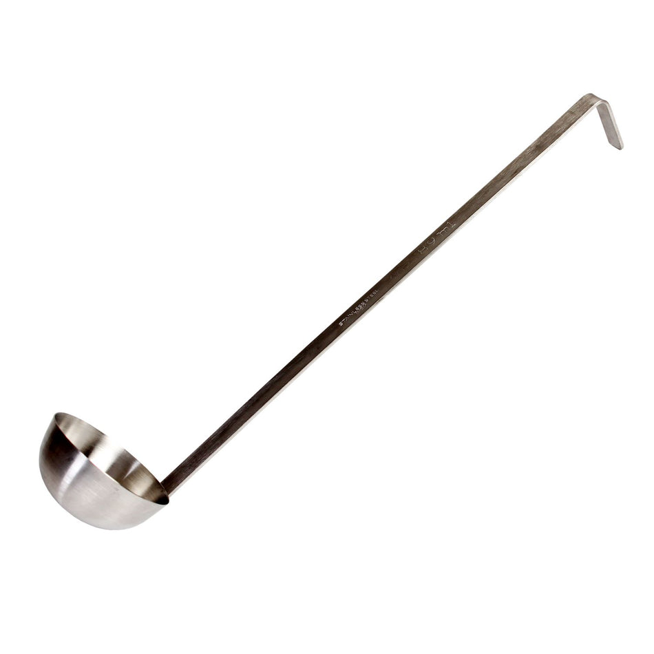 3 oz, 2-1/2" Diameter x 1-1/4" Height Ladle Bowl size, 12" Length x 1/2" Width Handle and 1-5/8" Length x 1/2" Width bended tip can be easily nested on Pot rim or hung on rack, Stainless Steel Two-Piece Ladle