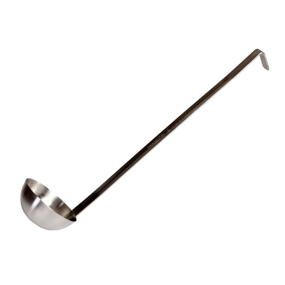 4 oz, 3" Diameter x 1-3/8" Height Ladle Bowl size, 12" Length x 1/2" Width Handle and 1-5/8" Length x 1/2" Width bended tip can be easily nested on Pot rim or hung on rack, Stainless Steel Two-Piece Ladle