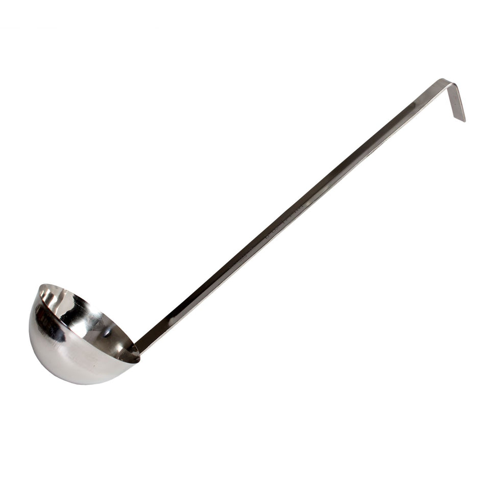 6 oz, 3-5/8" Diameter x 1-3/4" Height Ladle Bowl size, 12-5/8" Length x 5/8" Width Handle and 1-3/4" Length x 5/8" Width bended tip can be easily nested on Pot rim or hung on rack, Stainless Steel Two-Piece Ladle