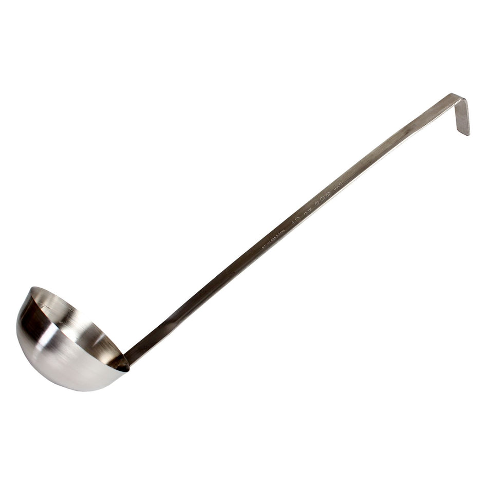 10 oz, 4-1/4" Diameter x 1-7/8" Height Ladle Bowl size, 12-5/8" Length x 5/8" Width Handle and 1-3/4" Length x 5/8" Width bended tip can be easily nested on Pot rim or hung on rack, Stainless Steel Two-Piece Ladle
