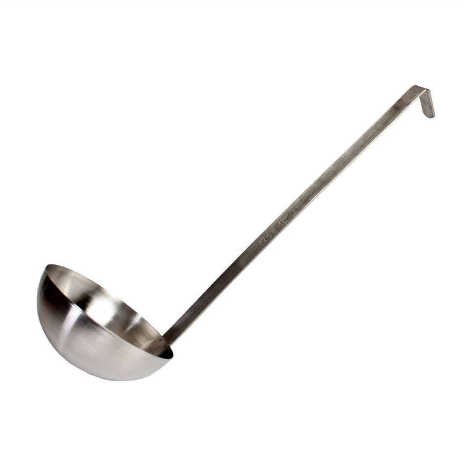 12 oz, 4-3/4" Diameter x 1-7/8" Height Ladle Bowl size, 15-1/2" Length x 1-7/8" Width Handle and 1-3/4" Length x 3/4" width bended tip can be easily nested on Pot rim or hung on rack, Stainless Steel Two-Piece Ladle