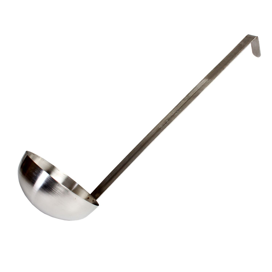 16 oz, 5" Diameter x 2-1/8" Height Ladle Bowl size, 15-1/2" Length x 3/4" Width Handle and 1-3/4" Length x 3/4" width bended tip can be easily nested on Pot rim or hung on rack, Stainless Steel Two-Piece Ladle
