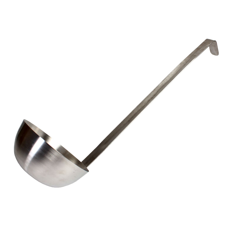 24 oz, 5-5/8" Diameter x 2-7/8" Height Ladle Bowl size, 16-1/4" Length x 1" Width Handle and 1-3/4" Length x 1" width bended tip can be easily nested on Pot rim or hung on rack, Stainless Steel Two-Piece Ladle