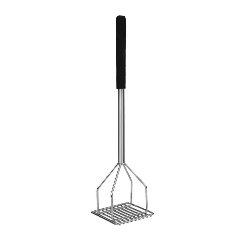 5" x 4-7/8" x 18", Square Shape Potato Masher, Chrome Plated with Soft Grip Handle, Black Color, Easy to Clean