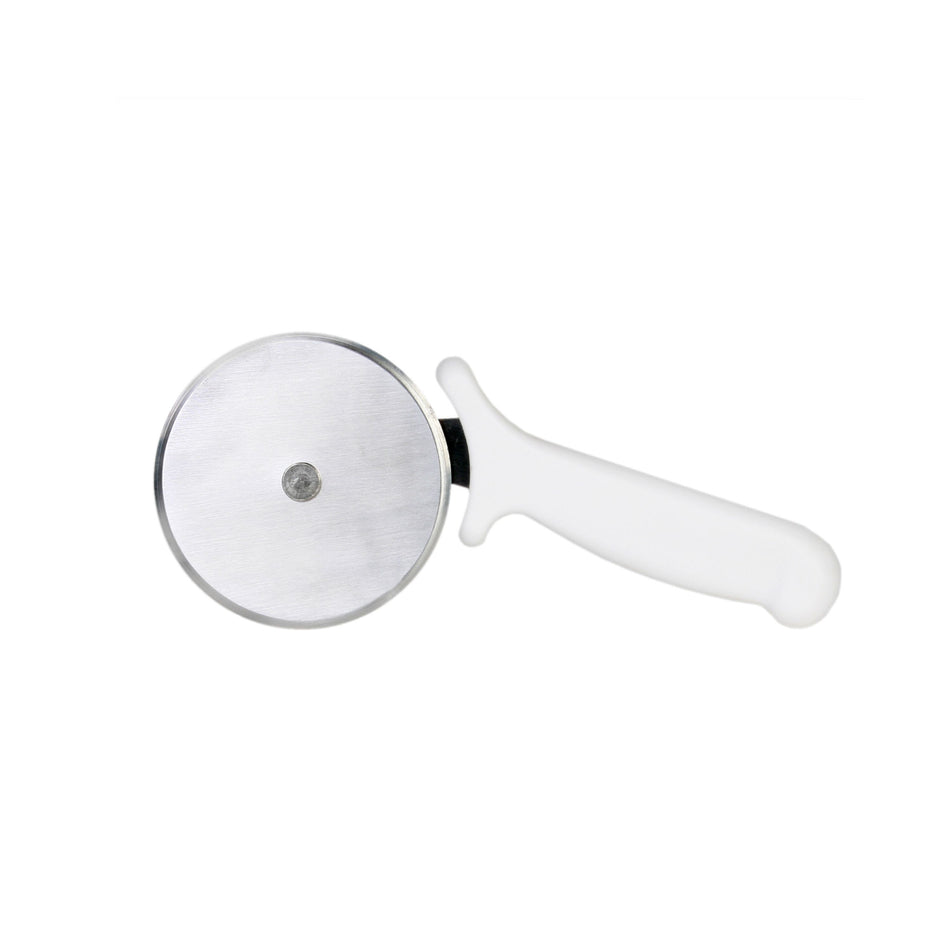8-3/4" x 3-3/4" x 7/8" Pizza Cutter, 2-1/2" Blade Size, Stainless Steel Blade with White Plastic Handle