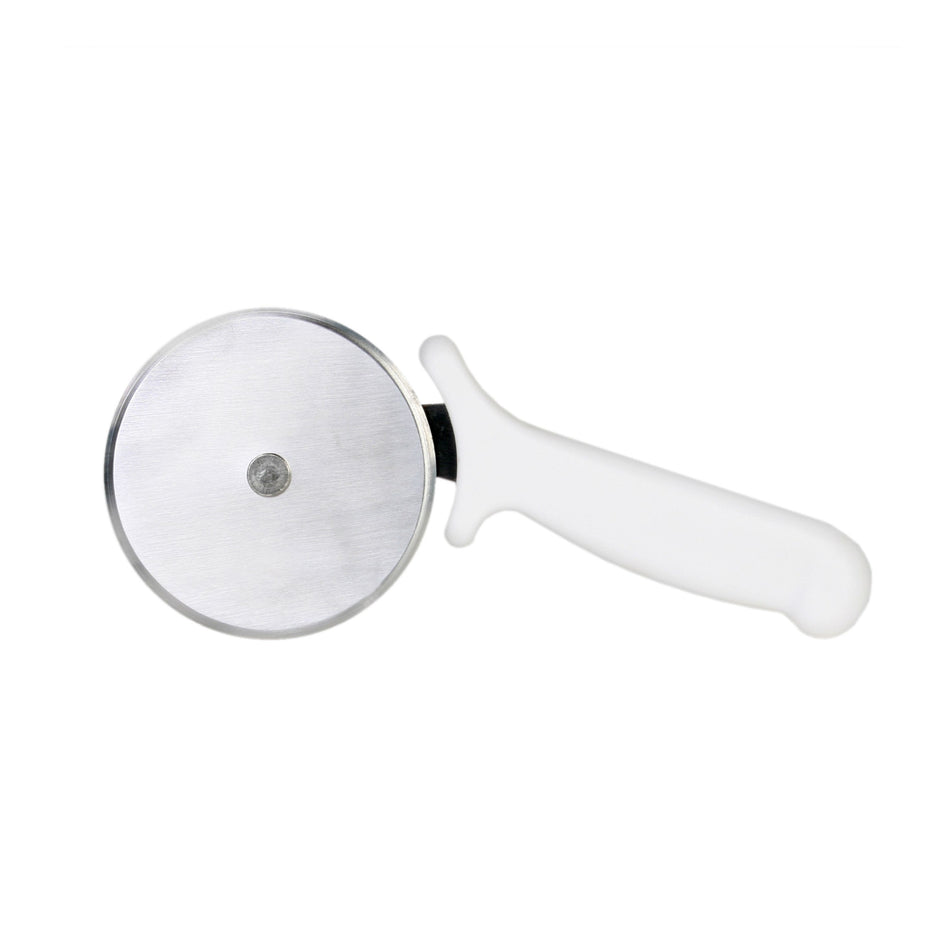 9-1/4" x 4-1/2" x 7/8" Pizza Cutter, 4" Blade Size, Stainless Steel Blade with White Plastic Handle