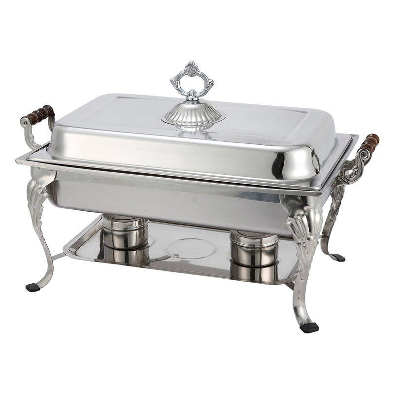 Winco 408-1 Crown Collection 8 Quart Rectangular Chafing Dish - Dome Cover Stainless Wooden Handles