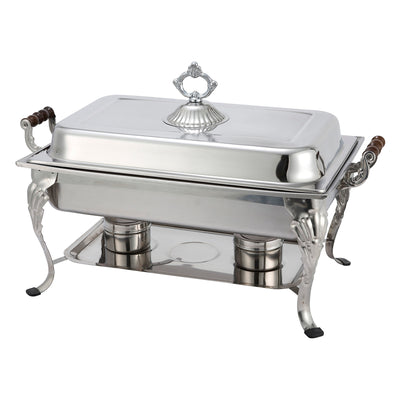 Winco 408-1 Crown Collection 8 Quart Rectangular Chafing Dish - Dome Cover Stainless Wooden Handles