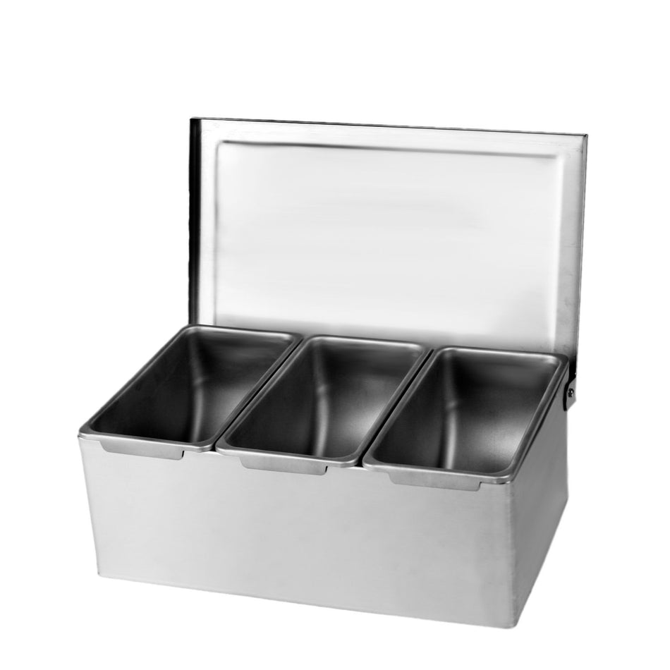 9-1/8" x 5-7/8" x 3-1/2", 3 Compartment Condiment (Open Bottom), Stainless Steel 18-8
