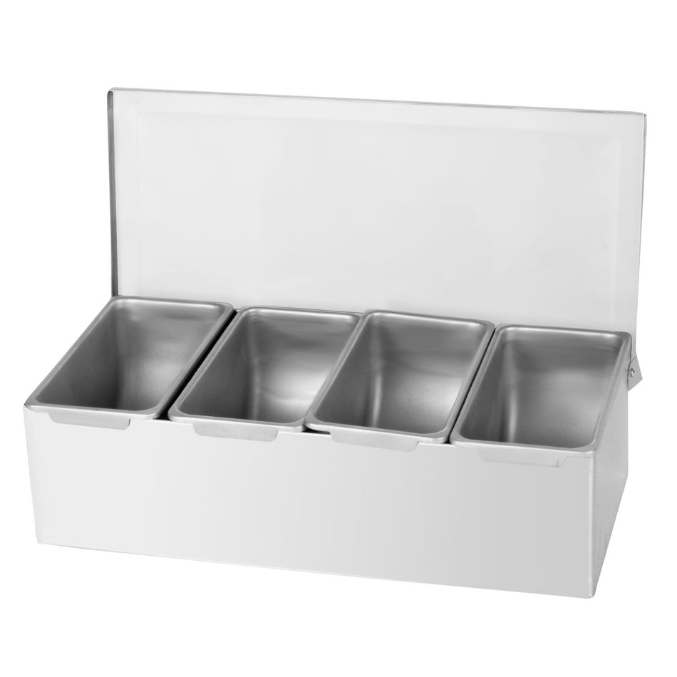12" x 5-7/8" x 3-1/2", 4 Compartment Condiment (Open Bottom), Stainless Steel 18-8
