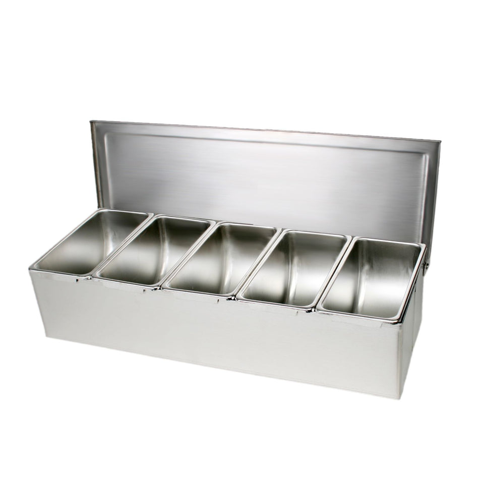 14-7/8" x 5-7/8" x 3-3/8", 5 Compartment Condiment (Open Bottom), Stainless Steel 18-8