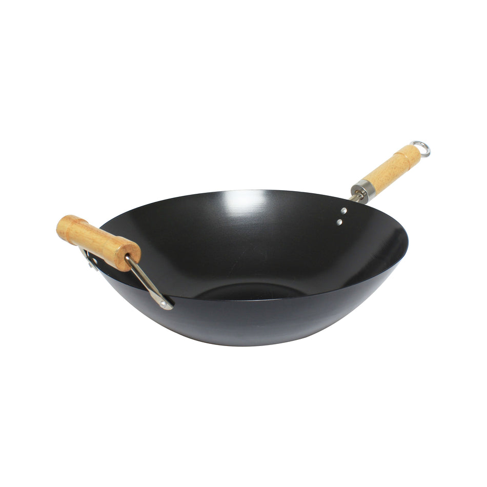 Thunder Group TF002 14" Carbon Steel Wok with Wooden Handle & Helper Handle