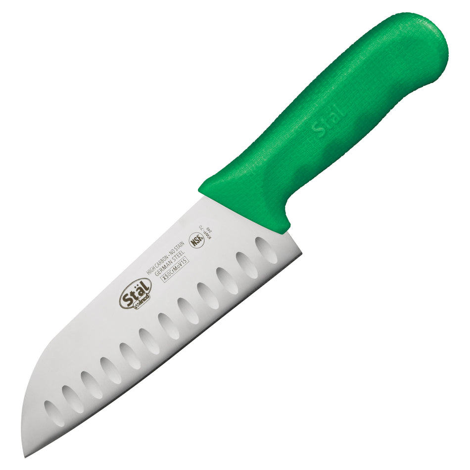 Winco KWP-70G 7 Inch Blade 11-3/4 Inch Overall Length Santoku Knife High Carbon Steel Green Polypropylene Handle