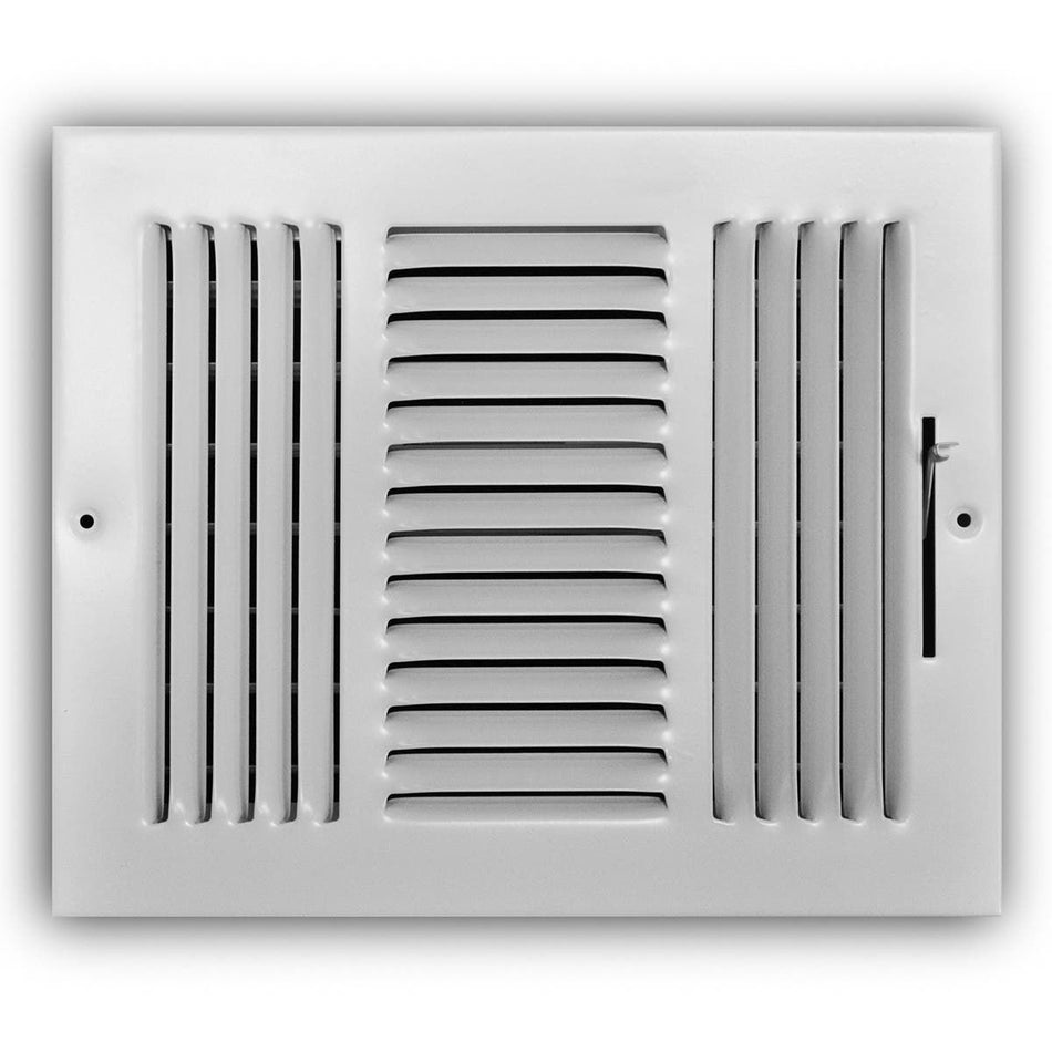 TRUaire 103M10X08, 10x8 3-Way Air Register, White Steel Sidewall & Ceiling Air Vent, 103M Series