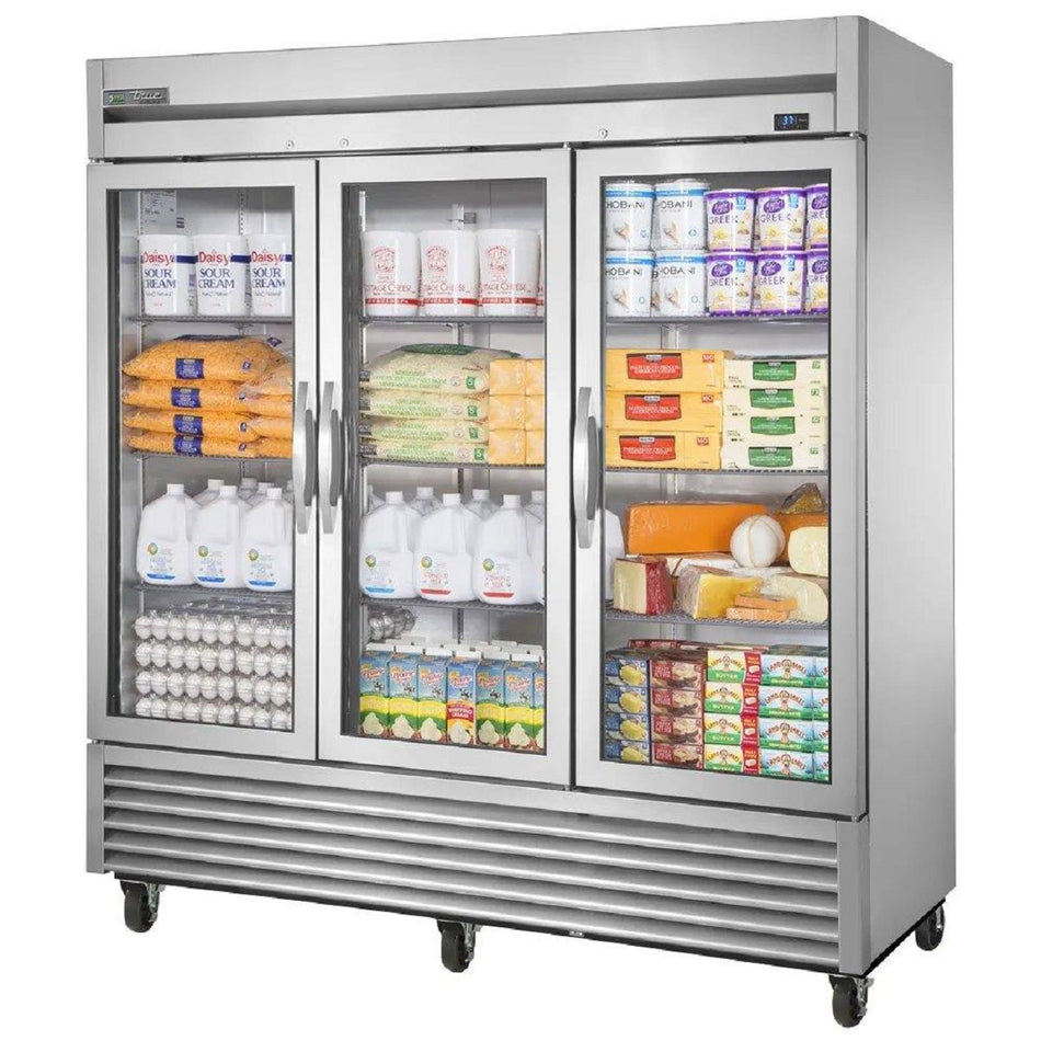 true - T-72G-HC-FGD01 - 78-1/10" Three Section Reach-In Refrigerator, (3) Left/Right Hinge Glass Doors, Satinless Steel