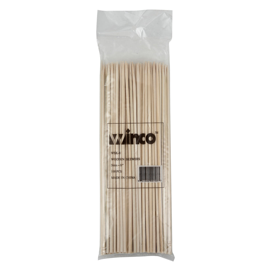 Winco WSK-08 8" Bamboo Skewers, 100/bag