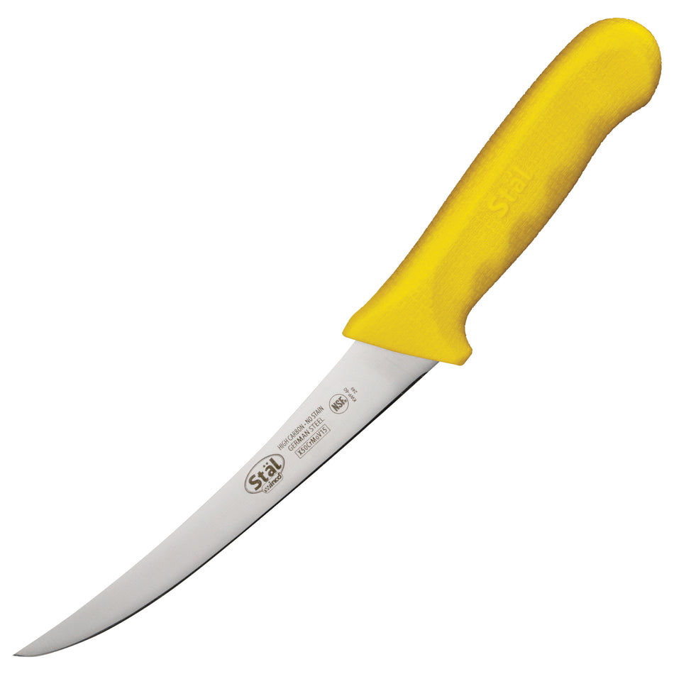 Winco KWP-60Y 6 Inch Blade 11-1/4 Inch Overall Length Boning Knife Yellow Polypropylene Handle High Carbon No-Stain Steel with Curved Flexible Design