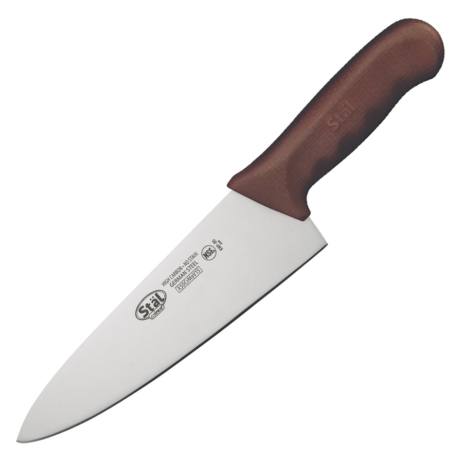 Winco KWP-80N 8 Inch Blade Chef Knife Stamped High Carbon German Steel Brown Handle