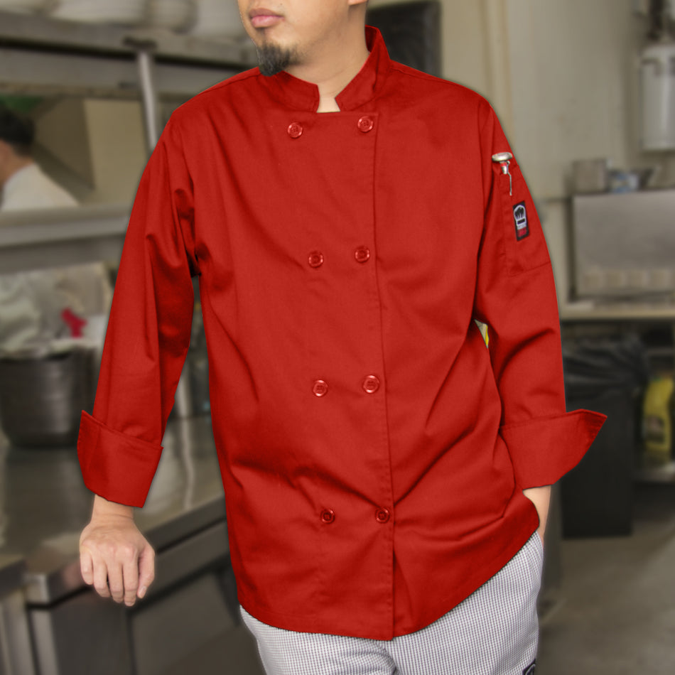 Winco UNF-6RXXL XXL Tapered Fit Double Breasted Chef Coat Red Poly-Cotton