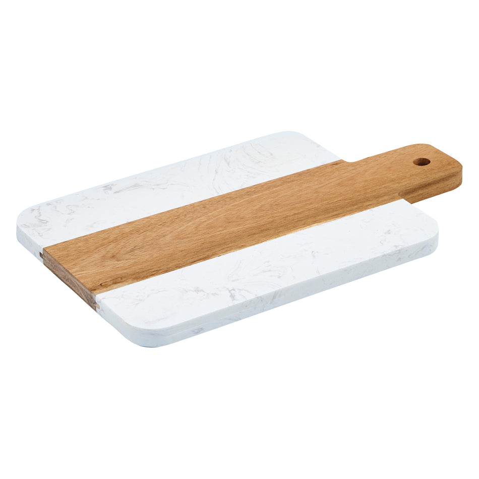 Winco SBMW-117 11-1/4 Inch Serving Board with Handle White Marble and Acacia Wood