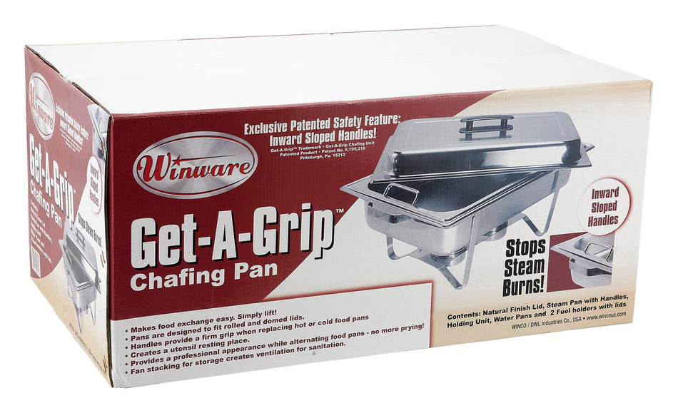 Winco C-2080B 8 Qt Full Size Rectangular Chafing Dish with Lid Clips Safety Handles Stainless Steel