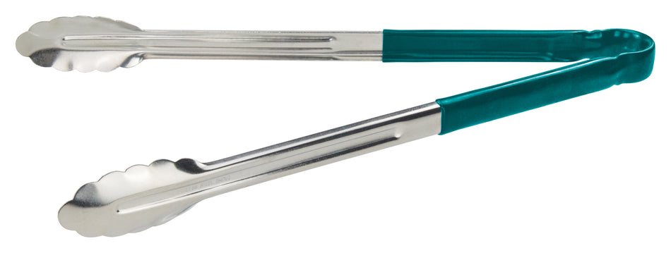 Winco UT-16HP-G 16 Inch Utility Tongs for Cold Food Service with Scalloped Edge Stainless Steel Green