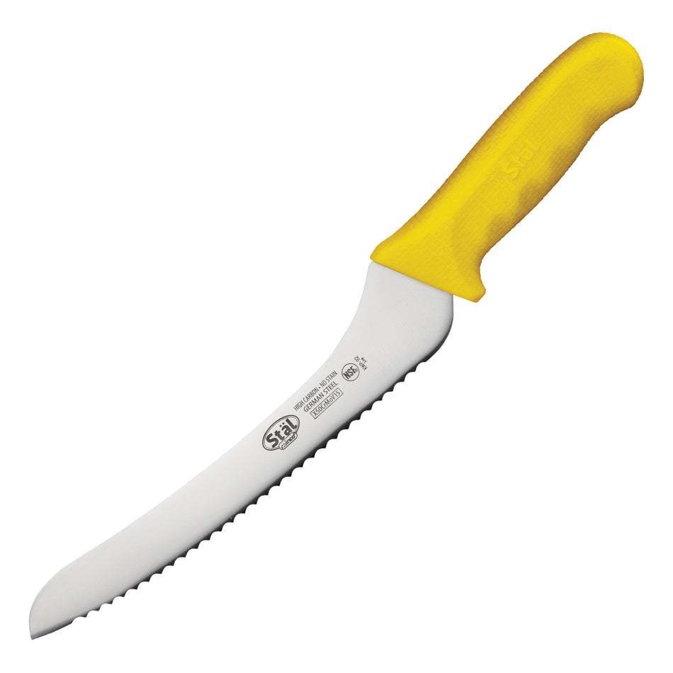 Winco KWP-92Y 9 Inch Blade 18-1/4 Inch Overall Length Bread Knife Offset Polypropylene Yellow High Carbon Steel