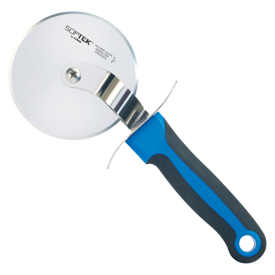 Winco KSTK-40 4 Inch Diameter Pizza Cutter High Carbon Steel with Softek Handle Blue