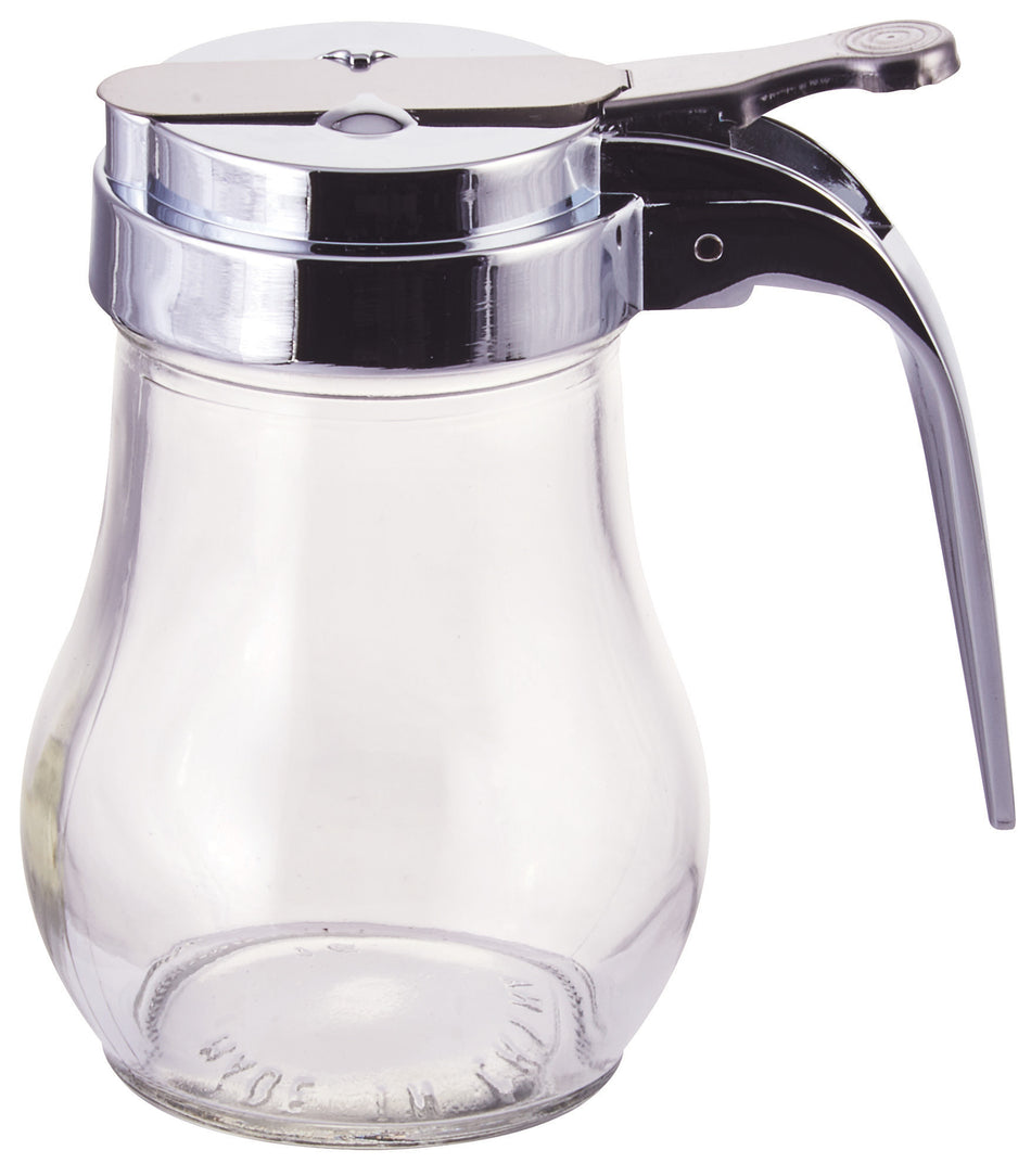 Winco G-115 6 Oz. Syrup Dispenser Thumb Operated with Chrome Plated Top Glass