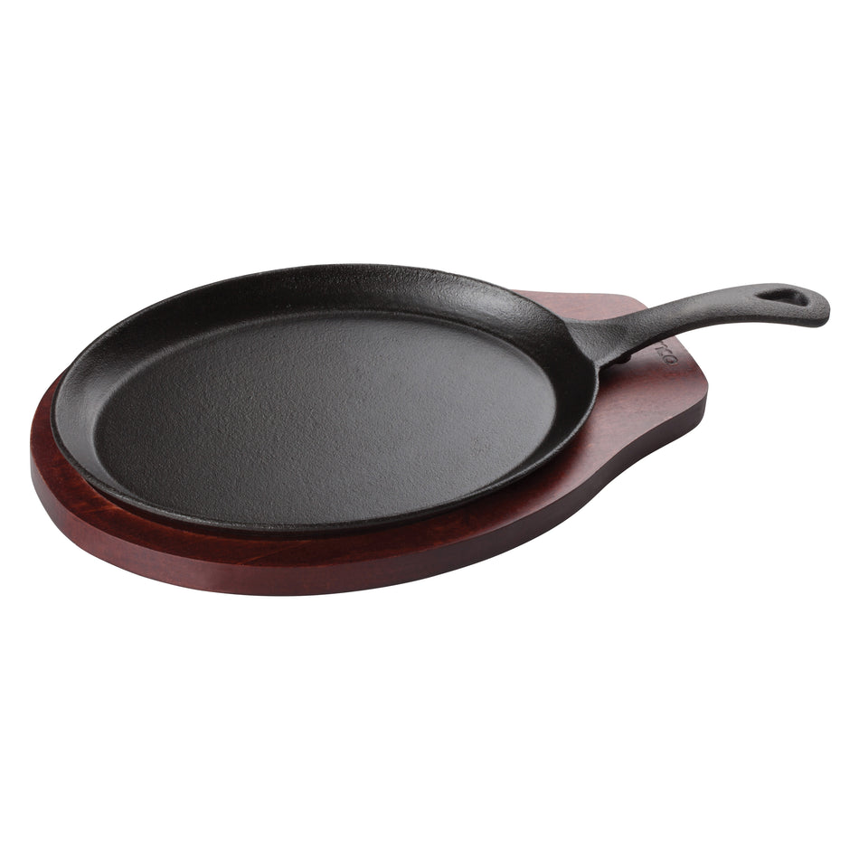 Winco FS-2 10 Inch Cast Iron Fajita Server Set with Wooden Underliner