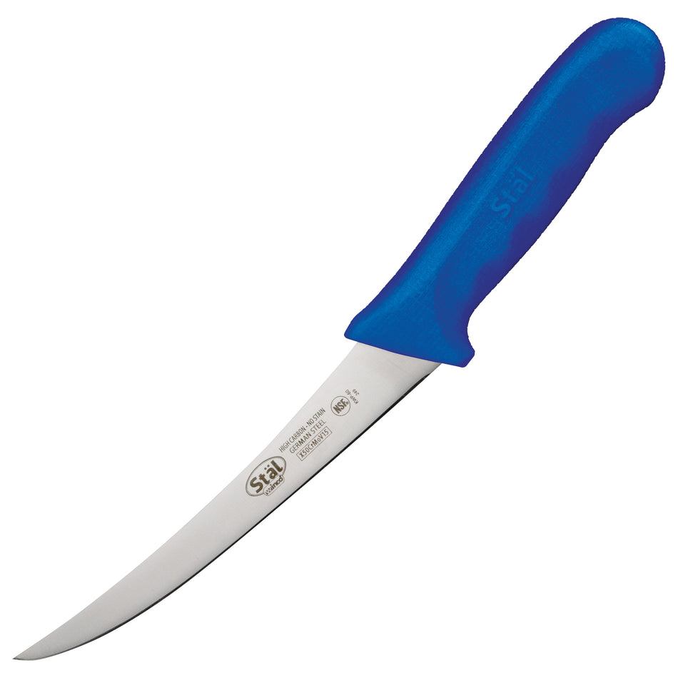 Winco KWP-60U 6 Inch Blade 11-1/4 Inch Boning Knife Curved Flexible High Carbon Steel Blue Handle