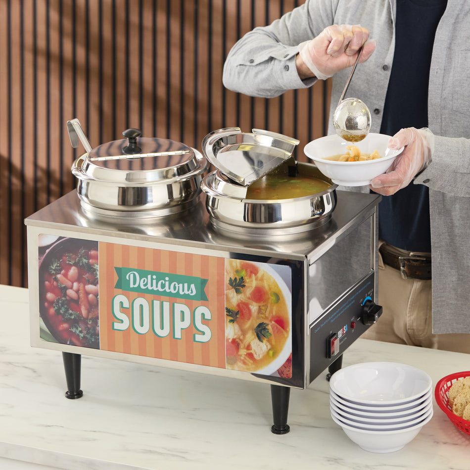 Winco 51072S 21 Inch Dual 7 Quart Soup Station Warmer with Hinged Inset Lids