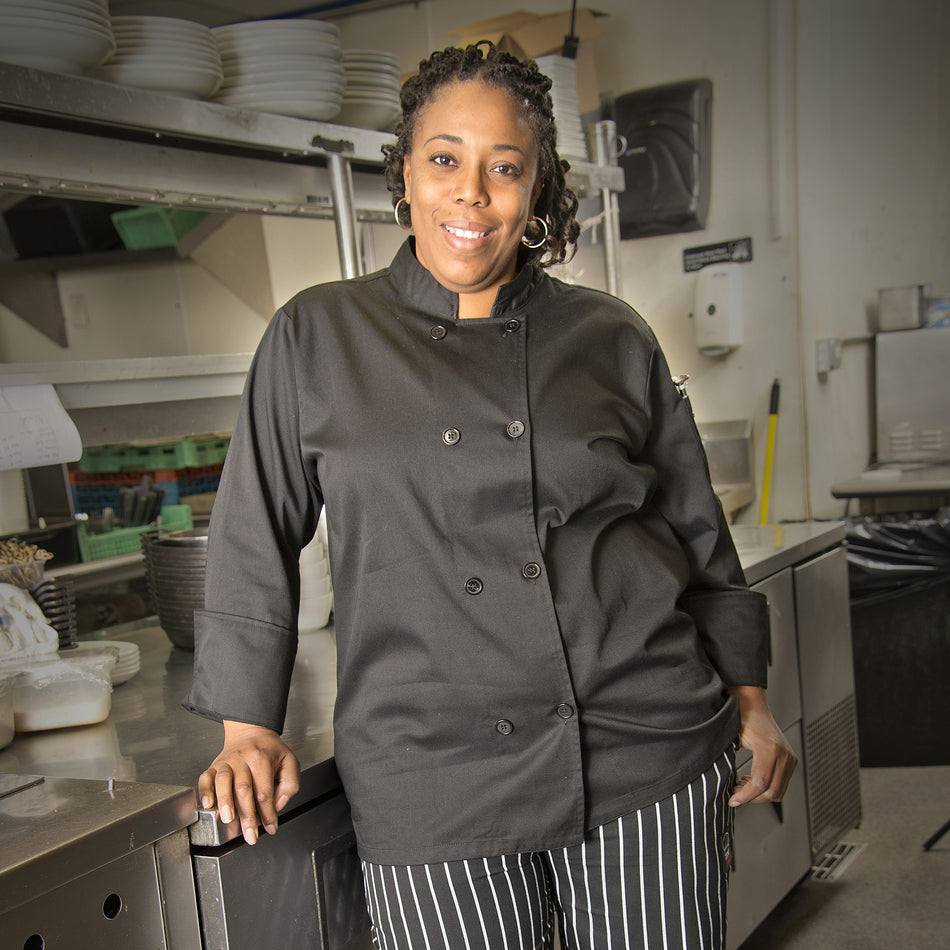 Winco UNF-6KS Black Small Unisex Chef's Coat with Thermometer Pocket Poly-Cotton