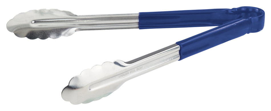 Winco UT-12HP-B 12 Inch Utility Tongs for Cold Food Service Stainless Steel Blue Handle