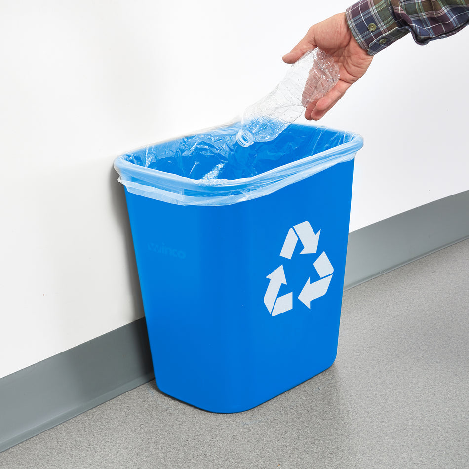 Winco PWR-28L 28 Qt Recycling Wastebasket Blue LDPE Rounded Edges