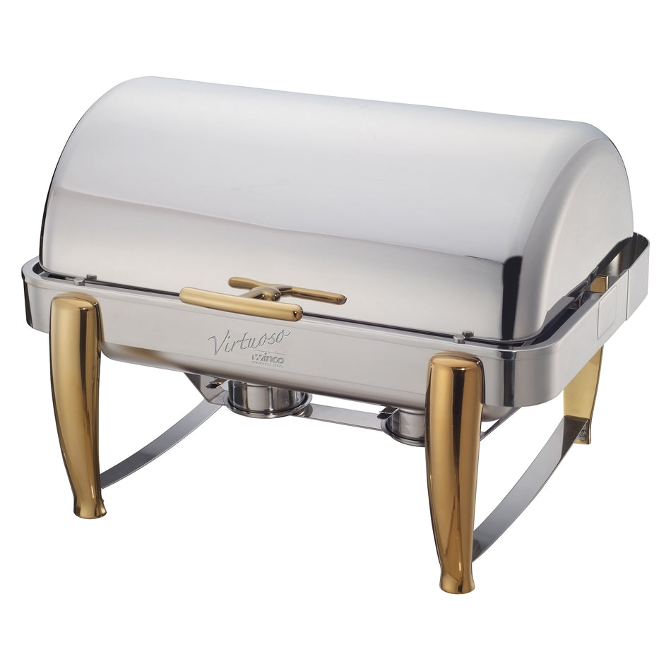 Winco 101A 8 Quart Chafer Rectangular Roll Top Stackable Stainless Steel with Gold Accents