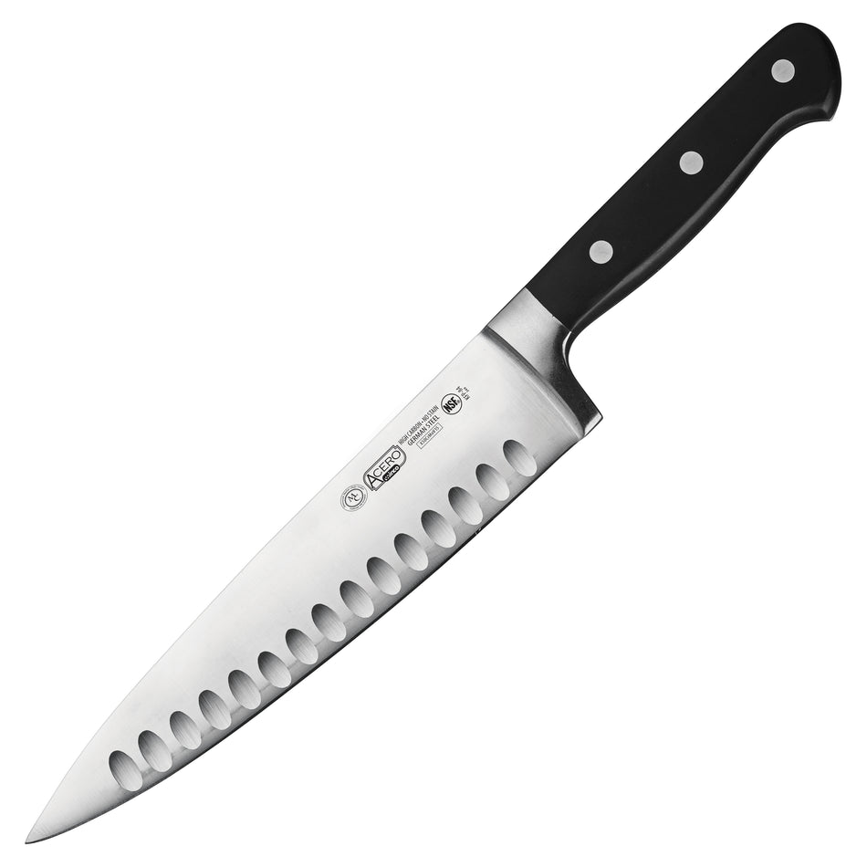 Winco KFP-84 8 Inch Blade Hollow Ground Edge Chef Knife Black POM Handle