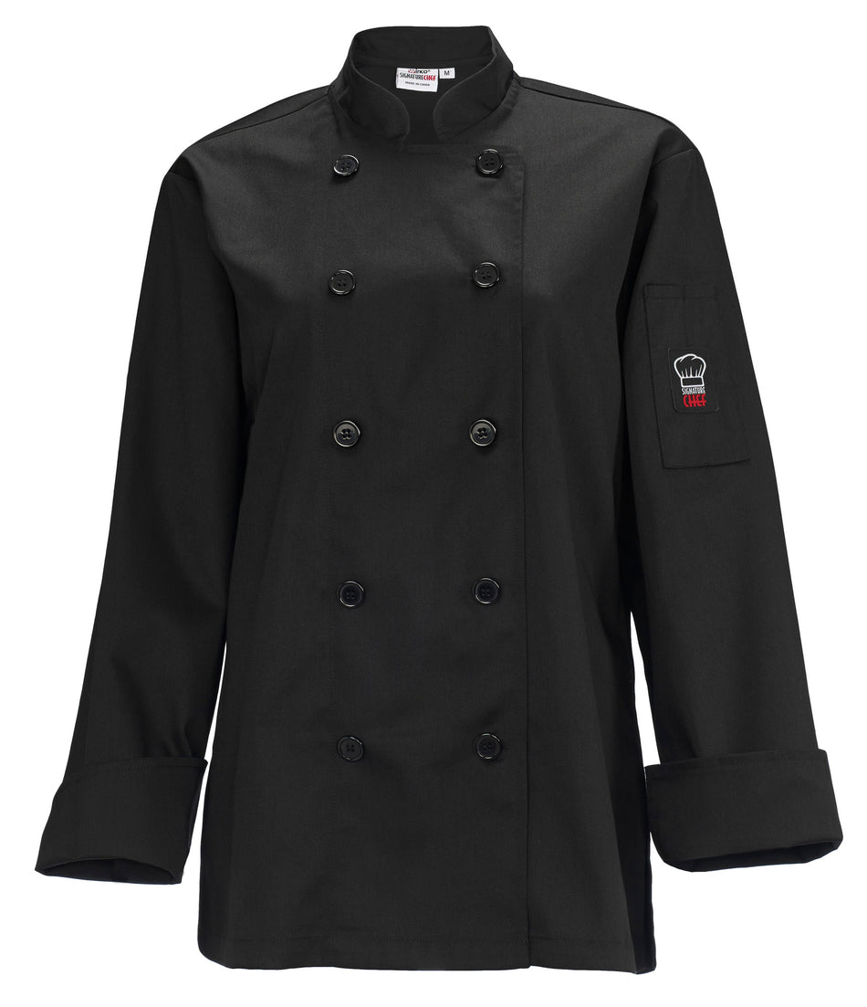 Winco UNF-7KS Small Women's Chef Jacket Tapered Fit Double Breasted Black Poly-Cotton